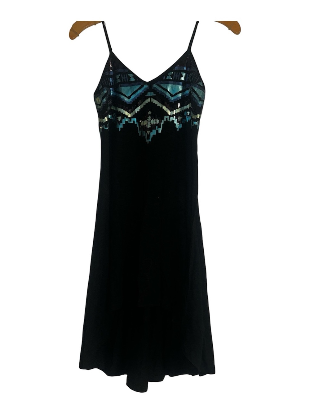 Express Black and Dress with Teal Sequin Geometric Bodice